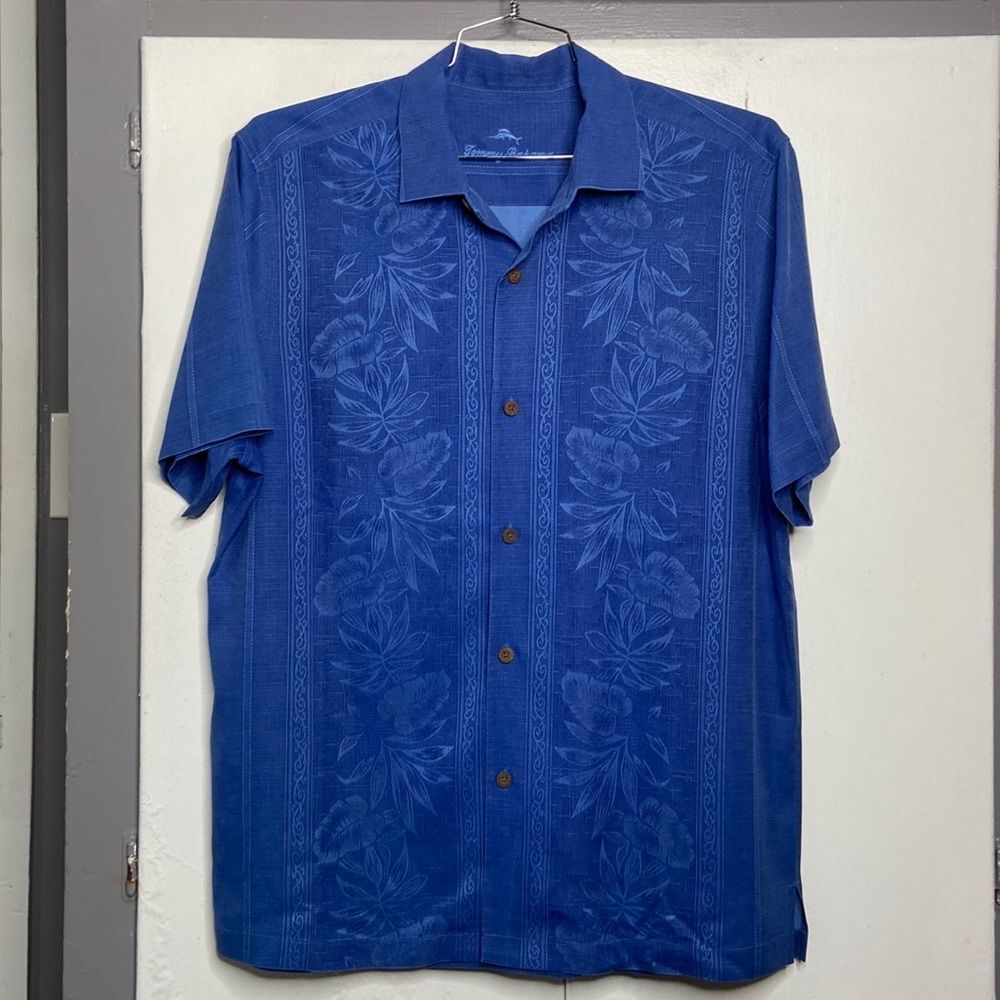 tommy bahama men 100 silk short sleeve button shirt large blue Hawaiian luau